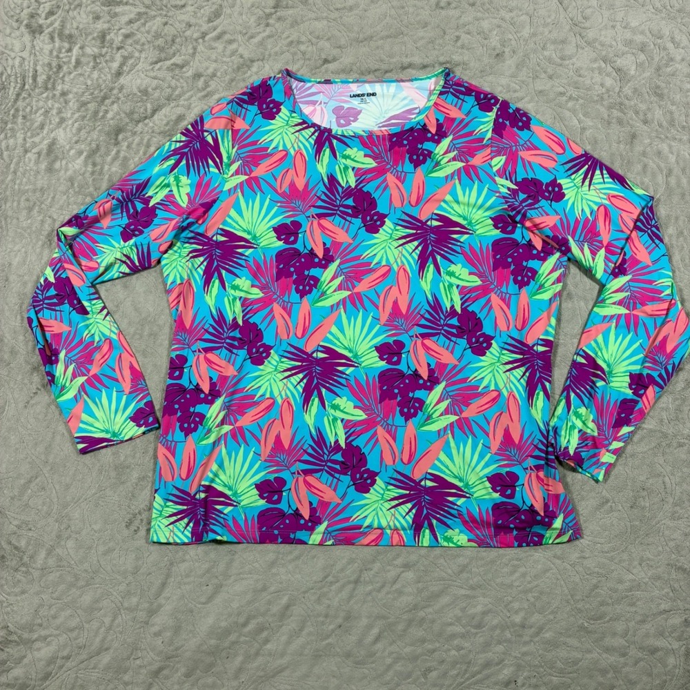 Lands End Women Rash Guard Swim Top Size 1X Tropical Leaf Sun Protection